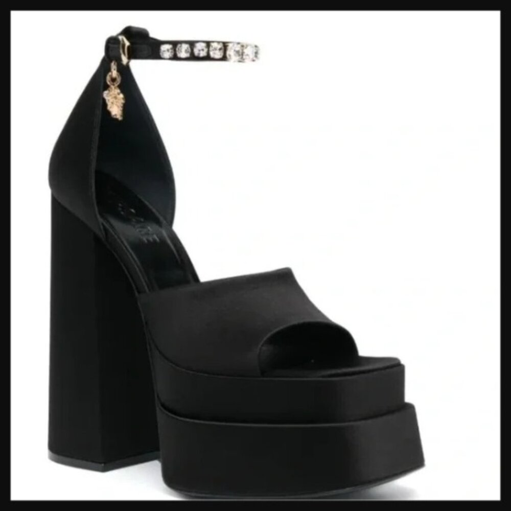 Versace Black Satin Platform Sandals Shoes Chunky Design Sz 41 New in box